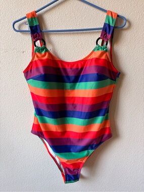 Modcloth Women’s Large Rainbow Stripe One-Piece Swimsuit with Ring Straps